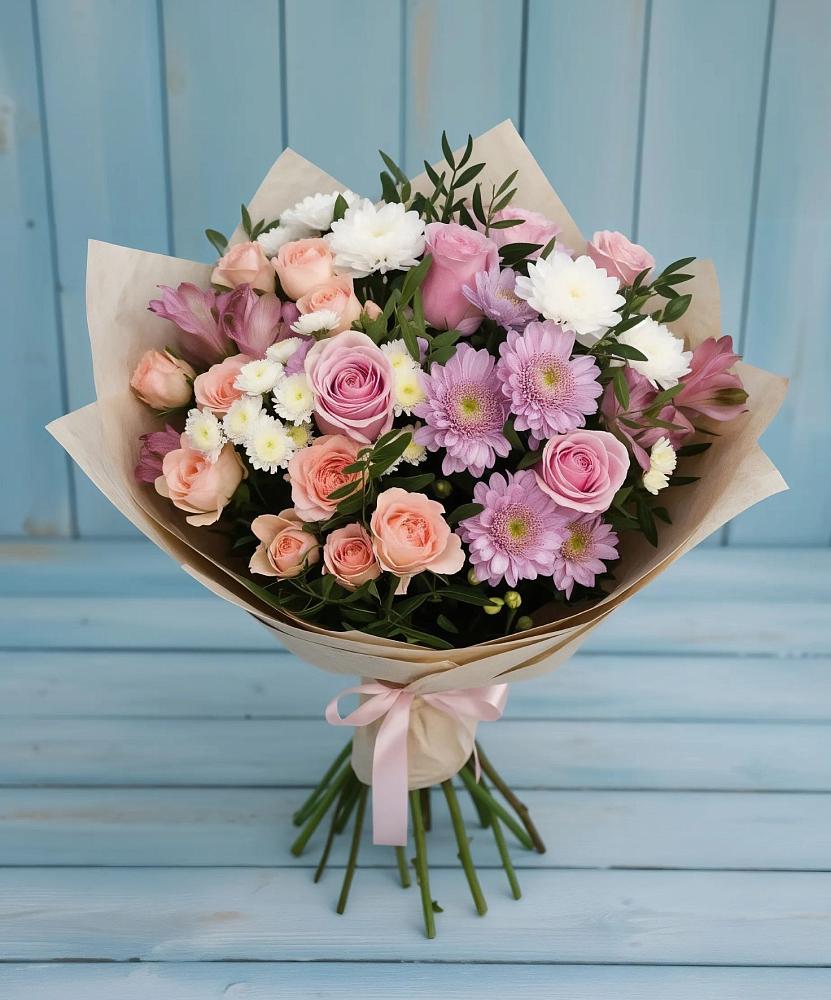 Букет цветов из: Хризантемы, Розы и Альстромерии в Вахтане