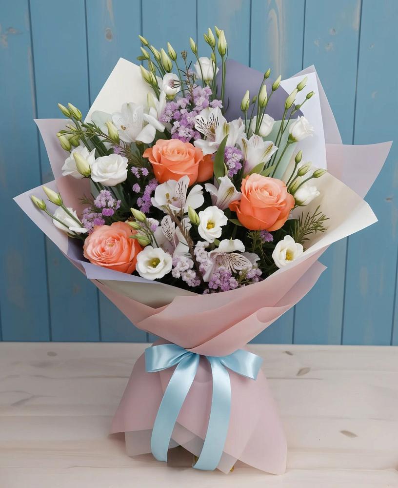 Букет цветов из: Лизиантусы, Розы, Альстромерии и Гипсофила в Вахтане