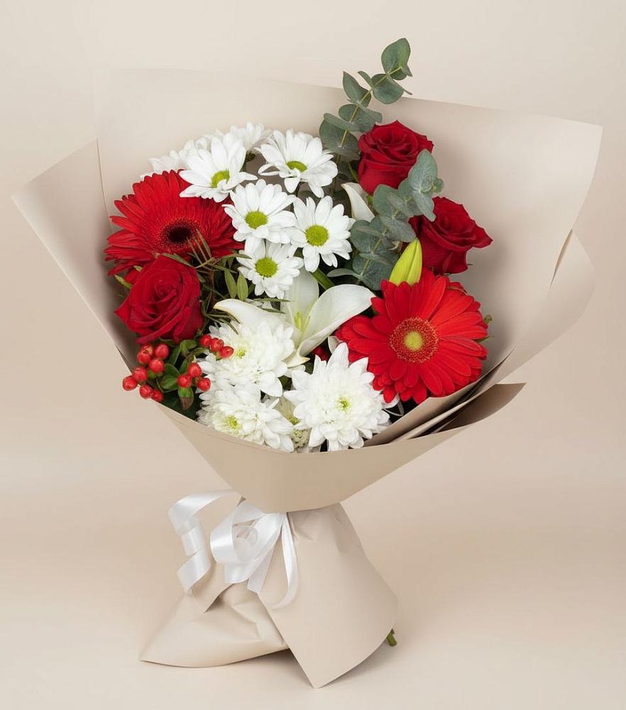 Букет цветов из: Розы, Хризантемы, Герберы и Лилии в Вахтане