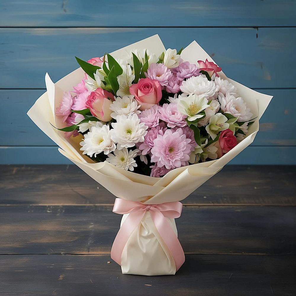 Букет цветов из: Хризантемы, Альстромерии и Розы в Вахтане